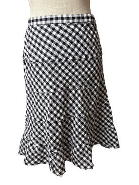 Studio West Black & White Gingham Tiered Midi Skirt XL Lightweight Cotton Blend